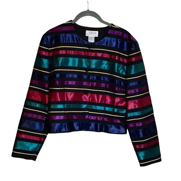 Vintage Talbots Cropped Blazer Jacket Womens Size 10 Petite Colorful Striped 90s - Picture 1 of 6